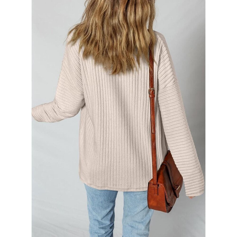 Women's Long Sleeve Beige Button Down Jacket Shirts Loose Sweater Blouses Tops - Picture 5 of 9